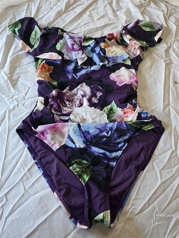NWOT La Blanca 14 Island Goddess Off Shoulder Ruffle 1PC Swimsuit Purple 130834
