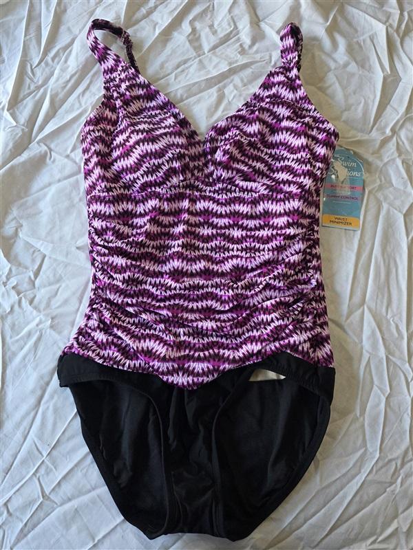 NWT Swim Solutions 16 V Neck Mio Shirred Tummy-control 1 pc Swimsuit 130838