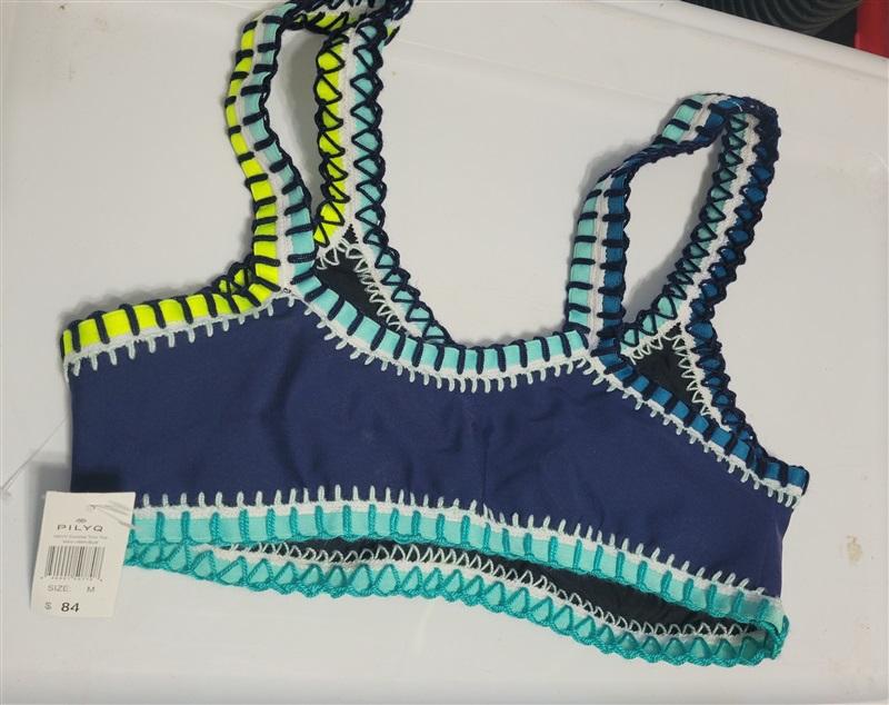 NWT Pilyq Platinum L Navy Crochet Trim Bikini Swim Top 130908