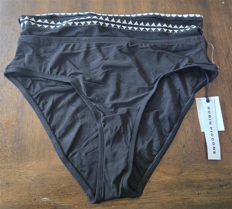 NWT Robin Piccone Naomi L Black White High Waist Band Bikini Swim Bottom 130909