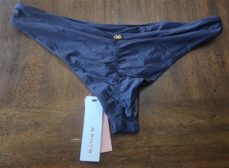 NWT Pilyq Atlantis L Navy Solid Cheeky Ruched Bikini Swim Bottoms 130923