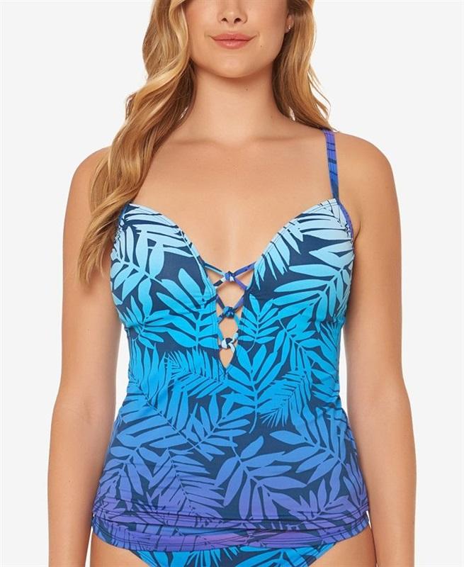 NWT Bleu Rod Beattie 14 Palm-Print Lattice-Front Push-Up Tankini Top 130926