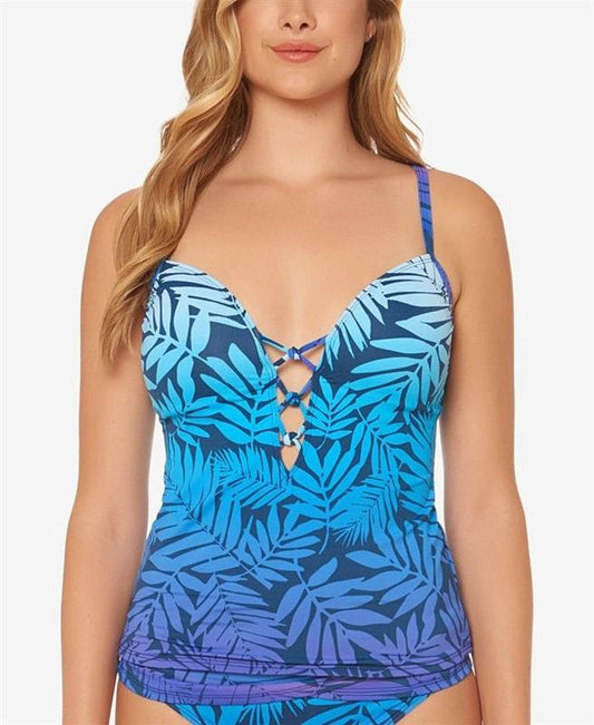 NWT Bleu Rod Beattie 14 Palm-Print Lattice-Front Push-Up Tankini Top 130926