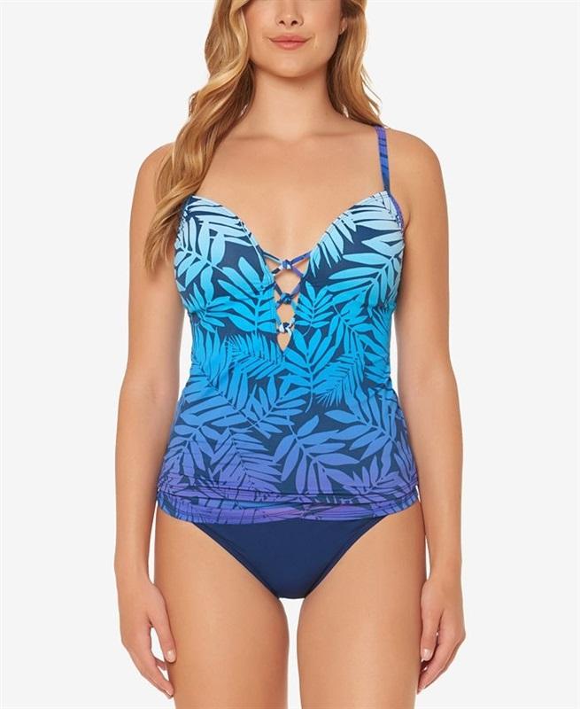 NWT Bleu Rod Beattie 14 Palm-Print Lattice-Front Push-Up Tankini Top 130926
