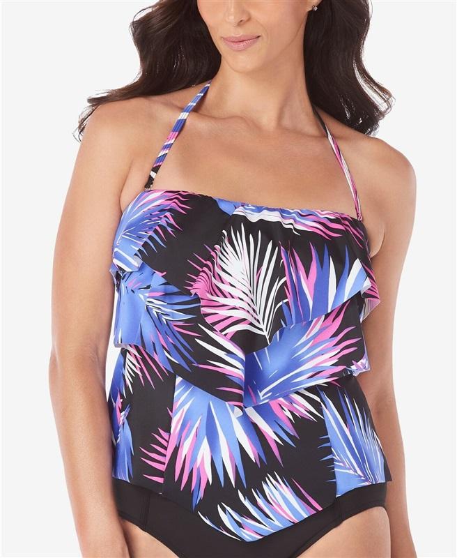 NWTD Swim Solutions 8 Tiered Black Purple Palm Bandeau Tankini Swim Top 130940
