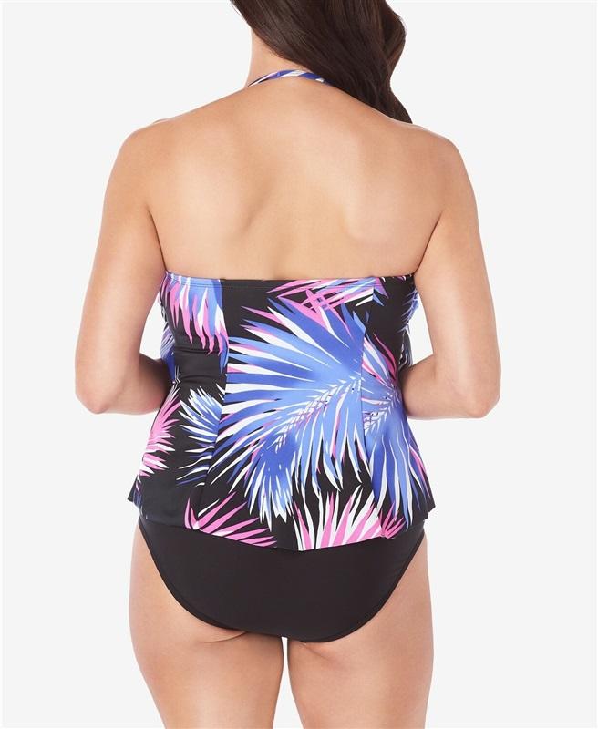 NWTD Swim Solutions 8 Tiered Black Purple Palm Bandeau Tankini Swim Top 130940