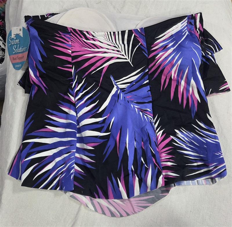 NWTD Swim Solutions 8 Tiered Black Purple Palm Bandeau Tankini Swim Top 130940