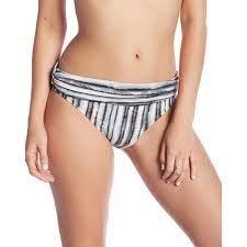 NWT La Blanca 10 Grey & White Stripe Ruched-Waist Hipster Bikini Bottom 130946