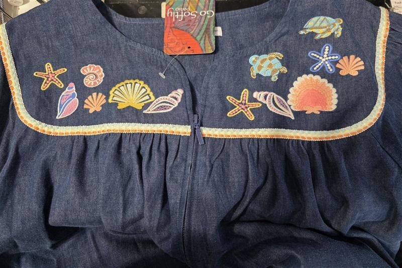 NWT Go Softly 3XL Kaftan Denim Sea Life Shell Beach Embroider Patio Dress 130988