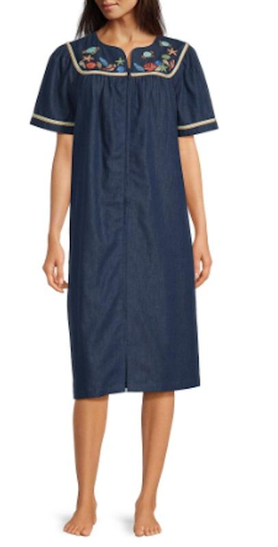 NWT Go Softly SM Kaftan Denim Sea Life Shell Beach Embroider Patio Dress 130991