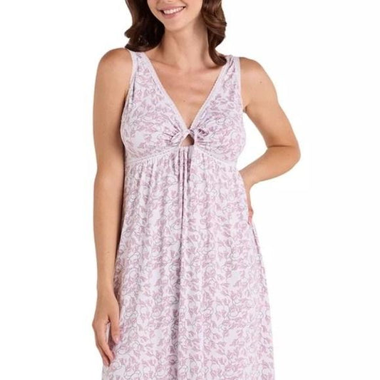 Miss Elaine 3X Pink Leaves Long Keyhole Fitted Nightgown 131016