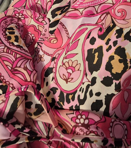 NWT Van Winkle 1X Satin Side Slit V-Neck Maxi Chemise Paisley Animal Pink 131018