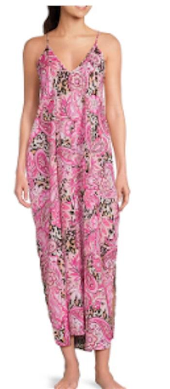 NWT Van Winkle 1X Satin Side Slit V-Neck Maxi Chemise Paisley Animal Pink 131018