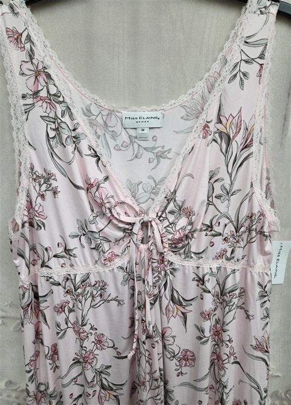 Miss Elaine 1X Pink Leaves Long Keyhole Fitted Nightgown 131029