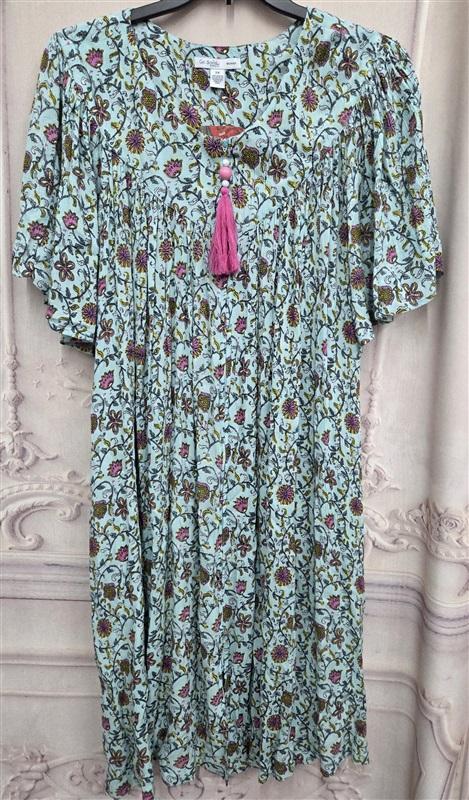 NWT Go Softly 3X Patio Dress Kaftan Aqua Blue Floral Print Crinkle Fabric 131035
