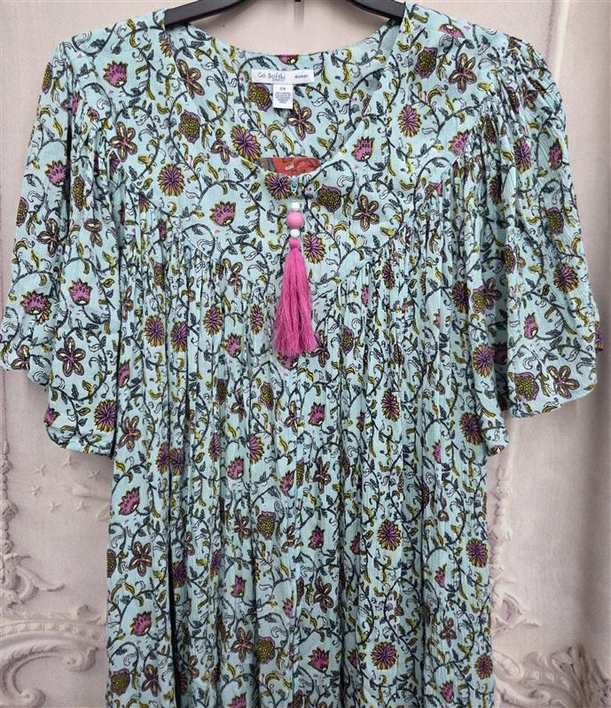 NWT Go Softly 2X Patio Dress Kaftan Aqua Blue Floral Print Crinkle Fabric 131036