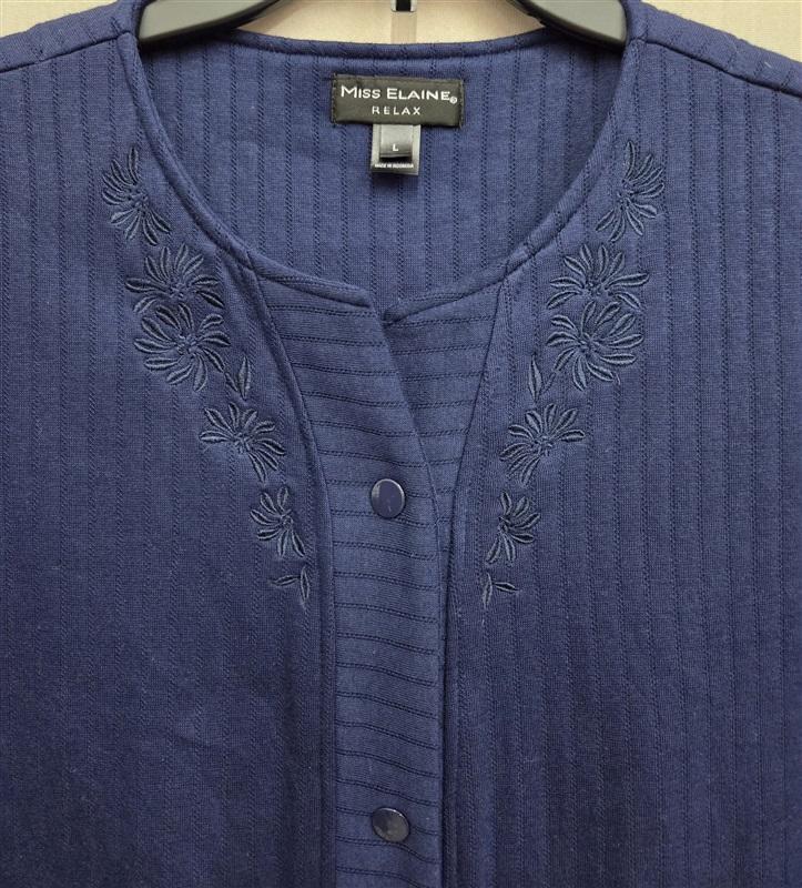 NWT Miss Elaine LG Relax Embroidered Navy Short Snap Front Robe 131080