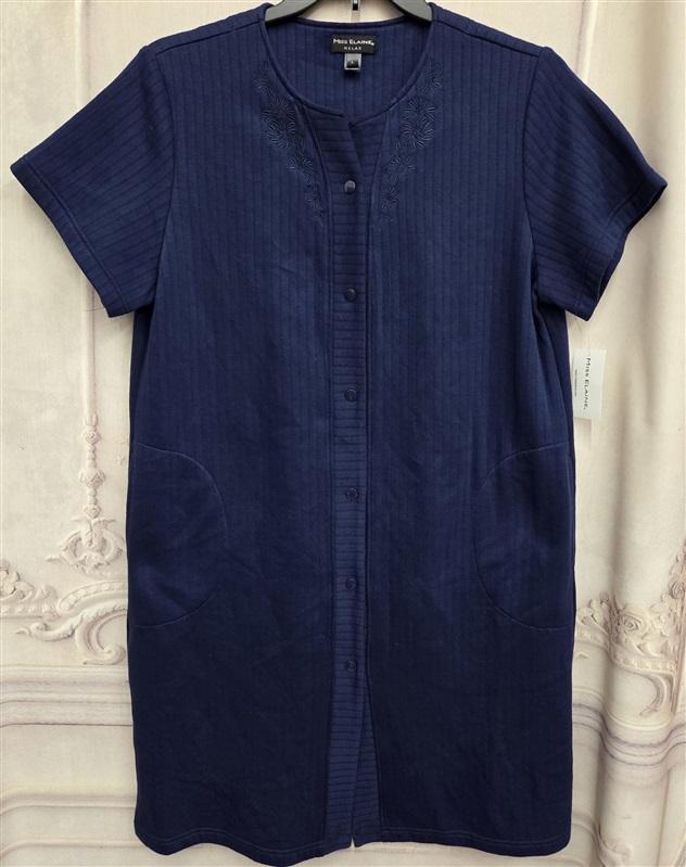 NWT Miss Elaine LG Relax Embroidered Navy Short Snap Front Robe 131080