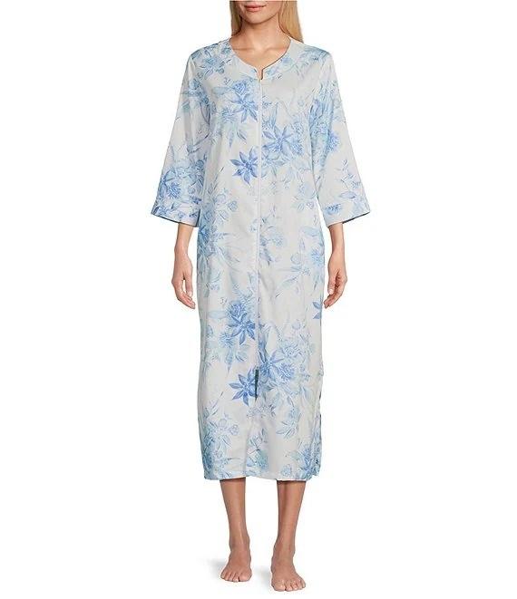 New Miss Elaine S Long Zip Front Cotton Robe Blue Roses 131085