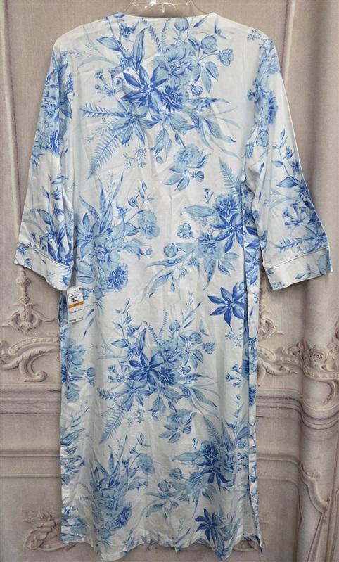 New Miss Elaine S Long Zip Front Cotton Robe Blue Roses 131085