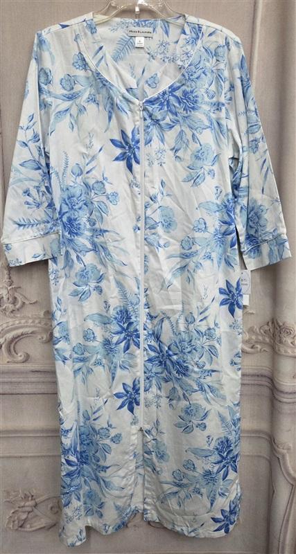 New Miss Elaine S Long Zip Front Cotton Robe Blue Roses 131085