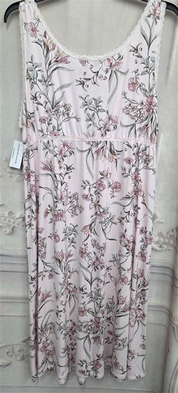 Miss Elaine 3X Pink Leaves Short Sleeveless Keyhole Fitted Nightgown 131091