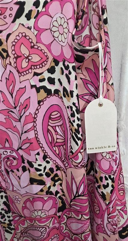 NWT Van Winkle 3X Satin Side Slit V-Neck Maxi Chemise Paisley Animal Pink 131092