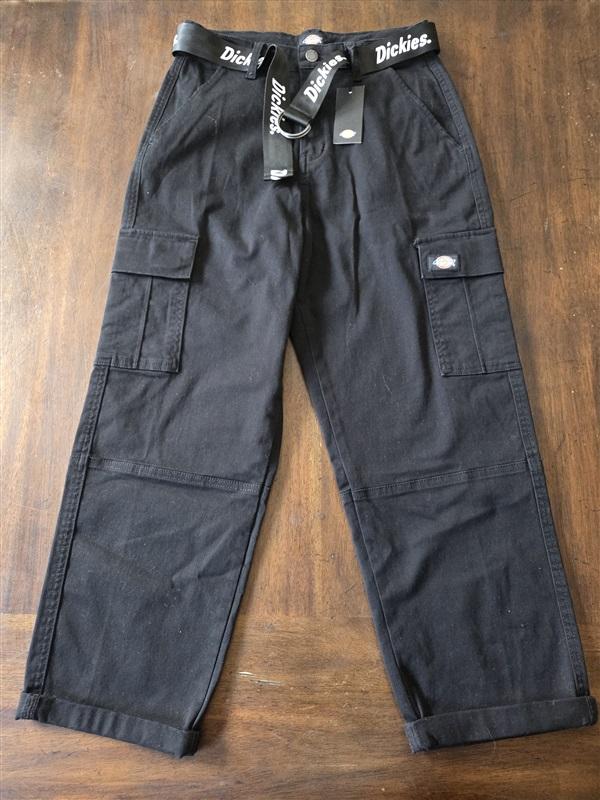 NWT DICKIES 26R Cuffed Utility Pant Jeans Black White Stitching 131190