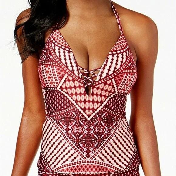 NWT Kenneth Cole S Surplice V-Neck Push Up Halter Tankini Swim Top Bottom 131234