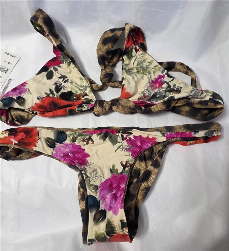 NWT Pilyq Anthropologie S Knot Top Bottom Reverse Bikini Cheetah Floral 131236