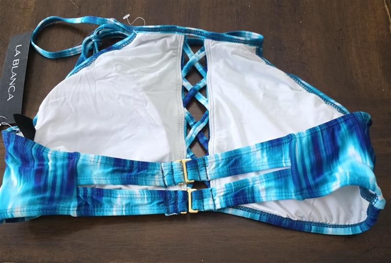 NWT La Blanca 12 Chevron Hi Neck Lace Up Blue Bikini Top 131624