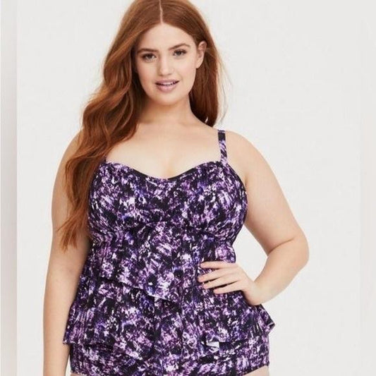 NWOTD Torrid 0X Purple White Black Galaxy Peplum Tankini Swim Top 131631