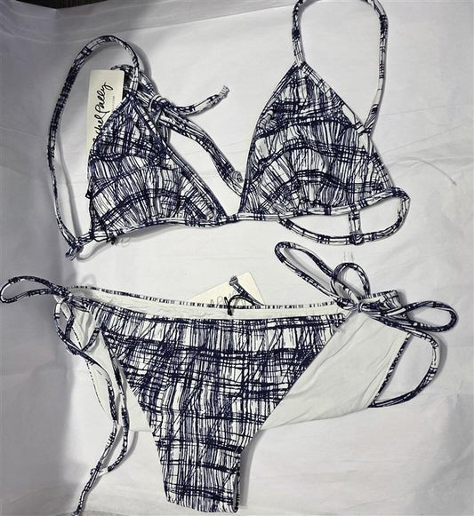 NWT Rachel Pally Bikini Swim Top S & Bottom L Blue Sketch Ibiza Tie Side 131637