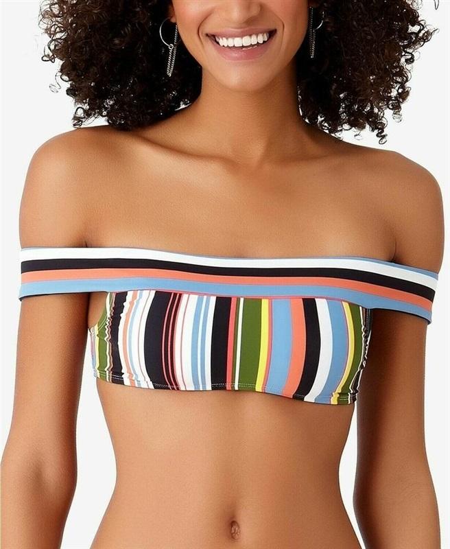 NWT Anne Cole Studio XS Comic Stripe Off-Shoulder Bikini Top Swimwear 131653