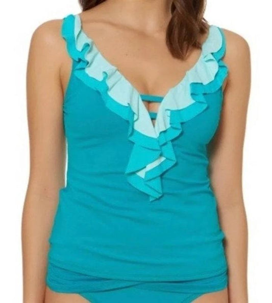 NWTD Bleu Rod Beattie 8 Deep V Ruffle Halter Tankini Teal Blue 131689