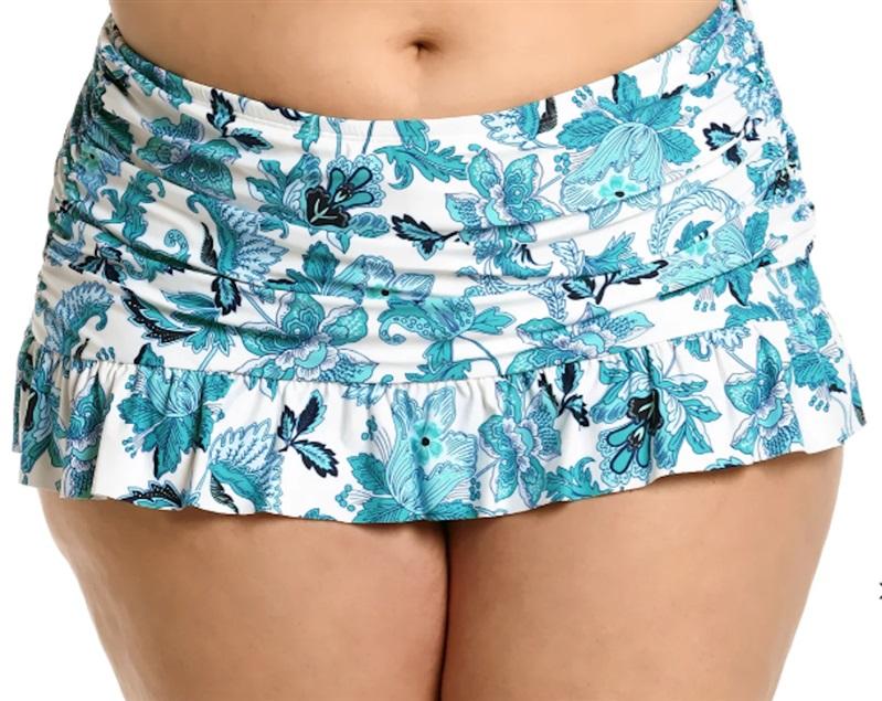 NWOT La Blanca 4 Palm Leaf Ruffle Skirted Bottom Blue White Green 131694