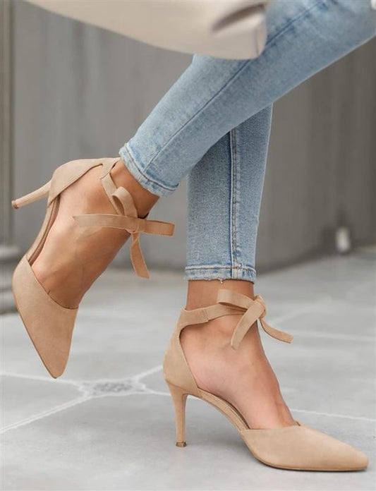 NWOT Classic 7 Pointed Toe Faux Suede Leather Tan Ankle Tie Pumps 131716