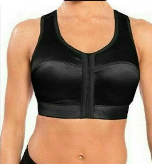 NWT ENELL SPORT HIGH IMPACT BRA Size 0 Black Satin Front Close 131783