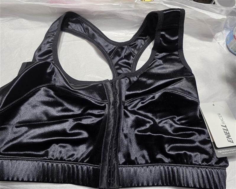 NWT ENELL SPORT HIGH IMPACT BRA Size 0 Black Satin Front Close 131783