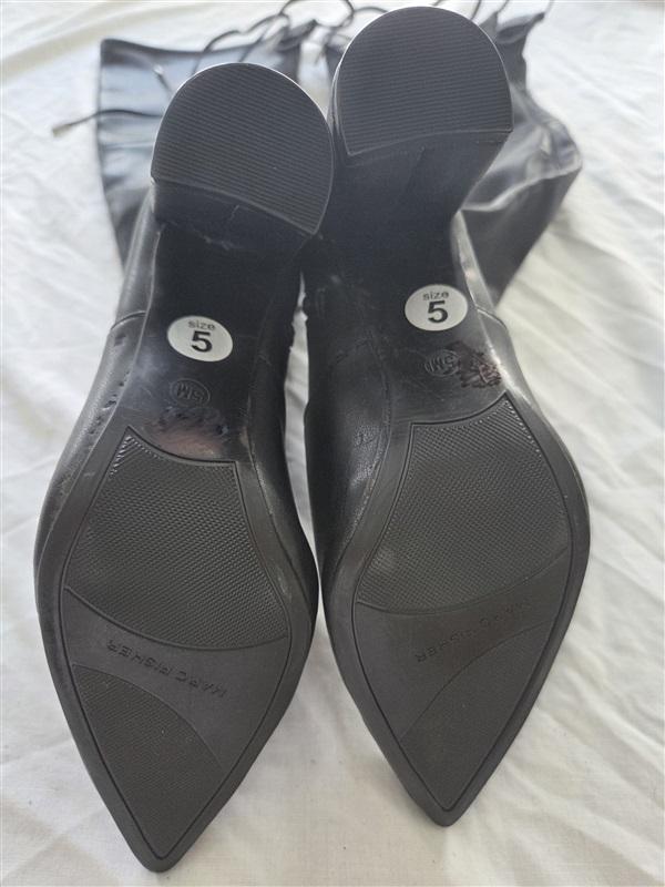 NWOT Marc Fisher 5 Pointed Toe Over the Knee Black Leather Tie Boot 131800