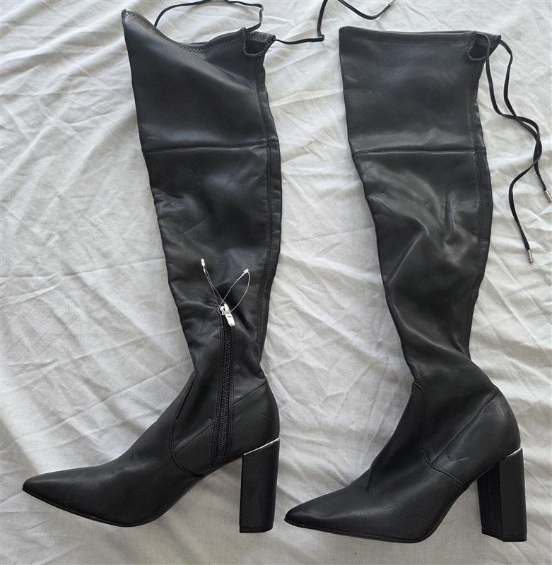 NWOT Marc Fisher 5 Pointed Toe Over the Knee Black Leather Tie Boot 131800
