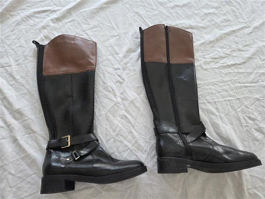 NWOT Bandolino 6 Riding Buckle Boots Equestrian Black Brown Leather 131803
