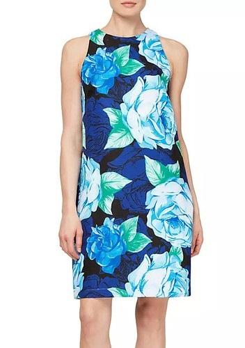 NWOT SLNY 10 Blue Roses Shift Woven Sheath Sleeveless Dress 131811
