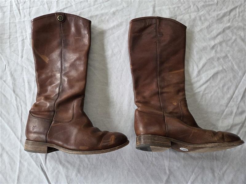 PO Frye 6 Melissa Button Equestrian Brown Leather Boots 131851