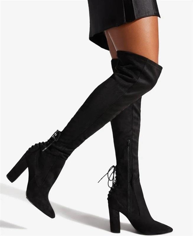 NWOT Shoedazzle Ivona Over The Knee Boots Black Faux Suede Tie 4” Heel 131891