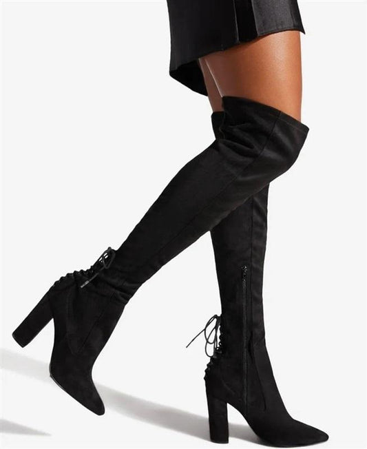NWOT Shoedazzle Ivona Over The Knee Boots Black Faux Suede Tie 4” Heel 131891