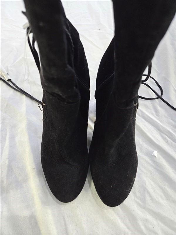 NWOT Shoedazzle Ivona Over The Knee Boots Black Faux Suede Tie 4” Heel 131891
