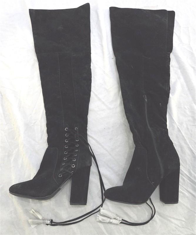 NWOT Shoedazzle Ivona Over The Knee Boots Black Faux Suede Tie 4” Heel 131891