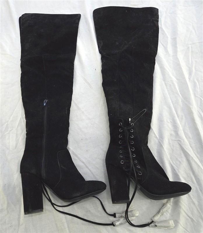 NWOT Shoedazzle Ivona Over The Knee Boots Black Faux Suede Tie 4” Heel 131891