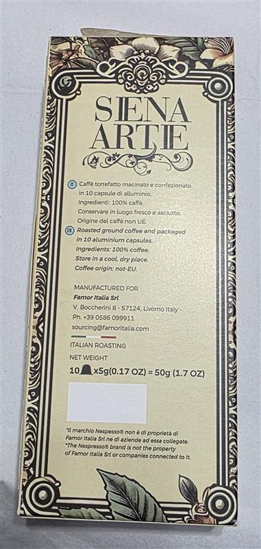 NWT 20 Siena Artie Firenze Nespresso Capsules Italian Roasted Coffee 131898
